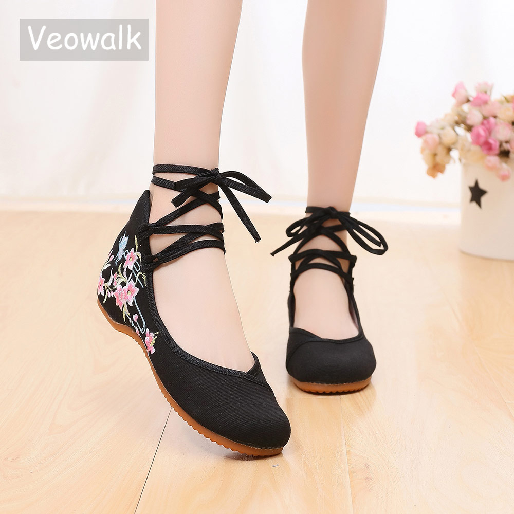 Women'S Shoes Vegan - Veowalk sapatilhas femininas bordadas com tira