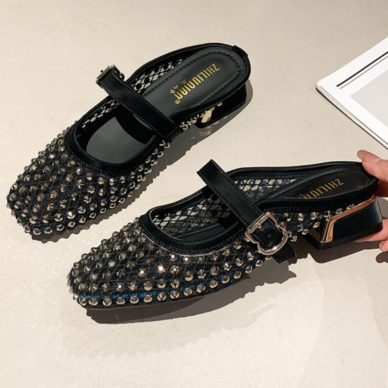Women Shoes Sandals - Malha strass salto grosso mules chinelos