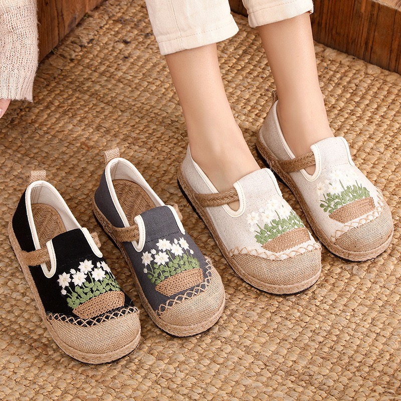 Women'S Shoes Vegan - Veowalk-flores bordadas com lona de linho